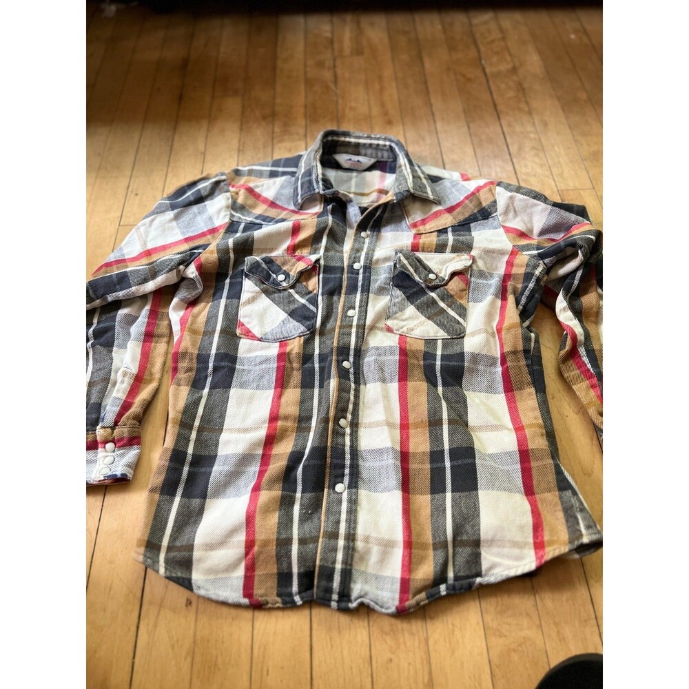 VTG 80s Dakota Five Brother Heavy Flannel Shirt L Khaki Red Black Plaid